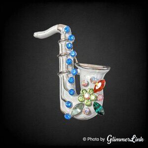 Vintage Saxophone Musical Instrument Jazz Enamel Rhinestone Silver Tone Brooch